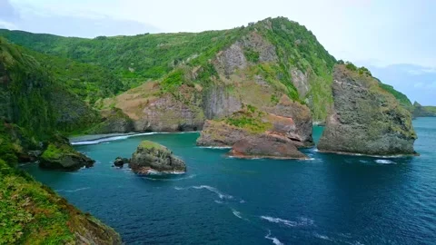 Aerial view of rugged sea cliffs and green hills rising from blue pacific ocean Stock Footage 344241029