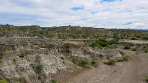 Aerial view of rugged terrain with lush vegetation in Tatacoa Desert Stock Footage 330592016