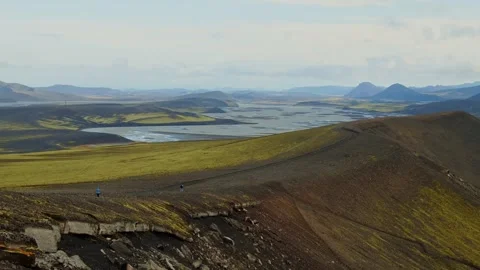 Aerial View of a Rugged Volcanic Landscape in the Icelandic Highlands Stock Footage 320513084