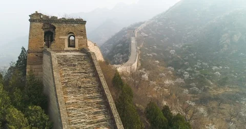 Aerial view of ruined Great Wall in China Stock Footage 92411853