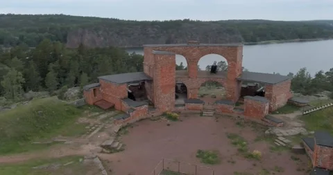 Aerial view of ruins of  Notvik Tower. Stock Footage 202614676