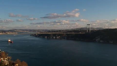Aerial view of Rumeli Castle and The FSM Suspension Bridge Stock Footage 84899723