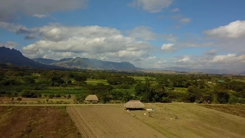 Aerial view of rural farmland area with houses with thatched roofs in Fiji 4k Stock Footage