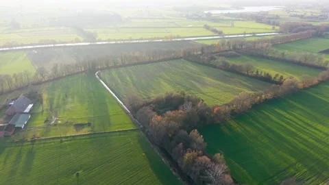 Aerial view of rural fields with crop rows, tree shadows, canal, and farm Video stock 323011686