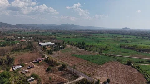 Aerial View of Rural Fields Trees and Mountains in PM2.5 Season Stock Footage 328686946