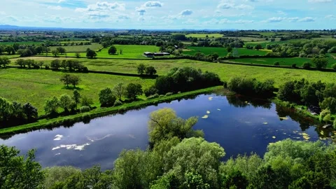 Aerial view of a rural pond surrounded by fields and trees in the countryside Stock Footage 343887952