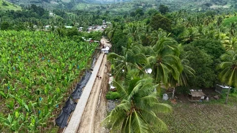 Aerial View of Rural Road Construction Through Tropical Village Stock Footage 326092568