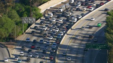 Aerial view of rush hour traffic on busy freeway Stock-Footage 62283257