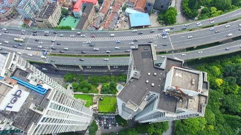Aerial View of Rush Hour Traffic on Multiple Highways and Flyovers Stock Footage 87310228