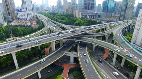 Aerial View of Rush Hour Traffic on Multiple Highways and Flyovers Stock Footage 87313719