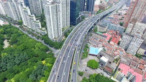 Aerial View of Rush Hour Traffic on Multiple Highways and Flyovers Stock Footage 87418814
