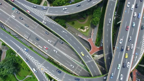 Aerial View of Rush Hour Traffic on Multiple Highways and Flyovers Stock Footage 87421855
