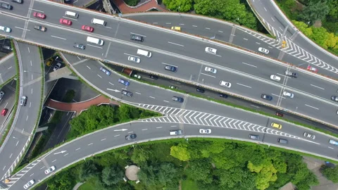 Aerial View of Rush Hour Traffic on Multiple Highways and Flyovers Stock Footage 87426746
