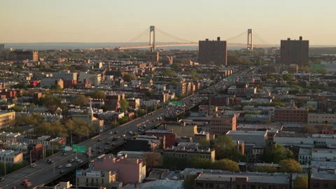 Aerial view of rush hour traffic on Brooklyn's Belt Parkway Stock Footage 308486187