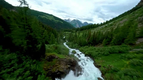 Aerial view of a rushing river flowing through a lush green forest. Stock-Footage 341396550