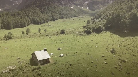Aerial  view of a rustic cottage at Pyrenees  - Spain Stock Footage 40381314
