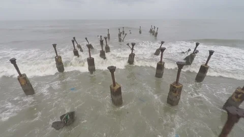 Aerial view of rustic pillars buried in the sea, Kerala, India. 스톡 동영상 87163123