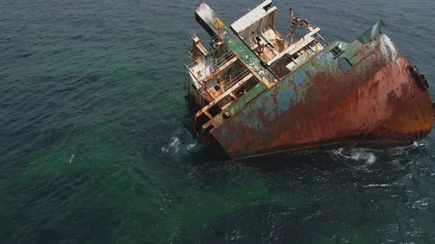 Aerial view rusty sunken ship aground. Crimea Video stock 118646244