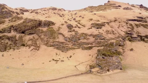 Aerial View of Rutshellir Cave with Trail and Flying Seagulls – Iceland Stock Footage 305873565