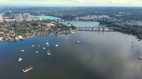 Aerial view of Ryde Bridge over Parramatta River between Rhodes and Meadowbank Stock Footage 180269432