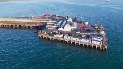 Aerial view of Ryde Pier ferry terminal and railway station, Isle of Wight Stock Footage 336205844