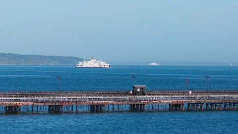 Aerial view of Ryde Pier ferry terminal and railway station, Isle of Wight Stock Footage 336206062