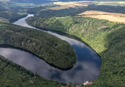 Aerial view of the Saale loop in Thuringia Germany. Fotos Stock