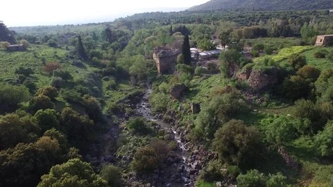 Aerial view of Saar River, Crusaders City remains. Hermon.  Israel. DJI-0017-04 Stock Footage 78776357
