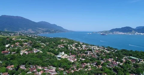 Aerial View of Saco da Capela Beach in Ilhabela, Brazil Stock Footage 75643112