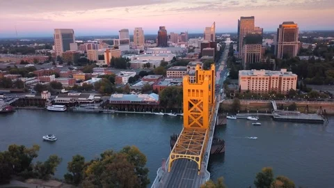 Aerial View of Sacramento Tower Bridge Downtown Sac and Capitol Building Stock Footage