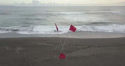 Aerial view of safety flags at the beach Stock Footage 130598089