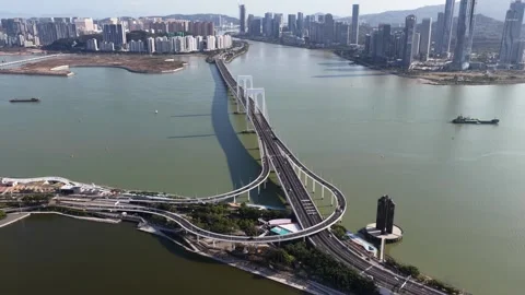 Aerial view of sai van bridge and macau tower in china Stock-Footage 330166724