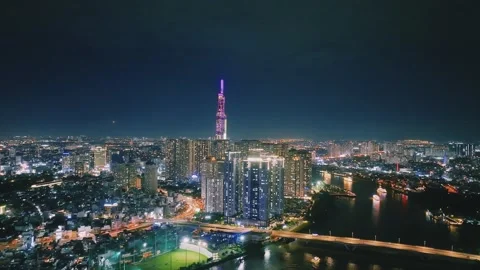 Aerial View of Saigon River Financial District at Night in Ho Chi Minh City Video stock 341226405