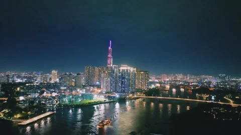 Aerial View of Saigon River Financial District at Night in Ho Chi Minh City Video stock 341226439