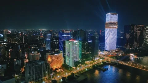 Aerial View of Saigon River Financial District at Night in Ho Chi Minh City Video stock 341226535