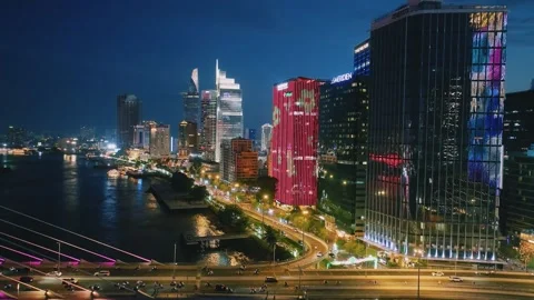 Aerial View of Saigon River Financial District at Night in Ho Chi Minh City Video stock 341226693