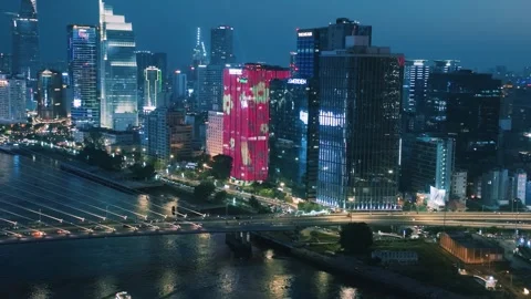 Aerial View of Saigon River Financial District at Night in Ho Chi Minh City Video stock 341226732