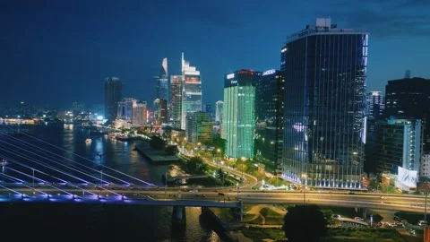 Aerial View of Saigon River Financial District at Night in Ho Chi Minh City Video stock 341226737