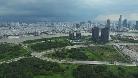 Aerial View of Saigon Skyline, River, Roads and Urban Development Stock Footage 340972298