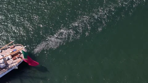 Aerial view of a sailing ship in the Atlantic Ocean, Portugal. Stock Footage 344963713