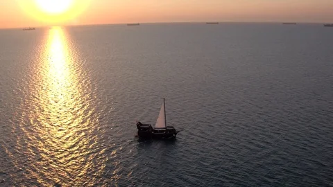 Aerial view sailing ship sailing on the Black sea, Ukraine. Stock Footage 91923708