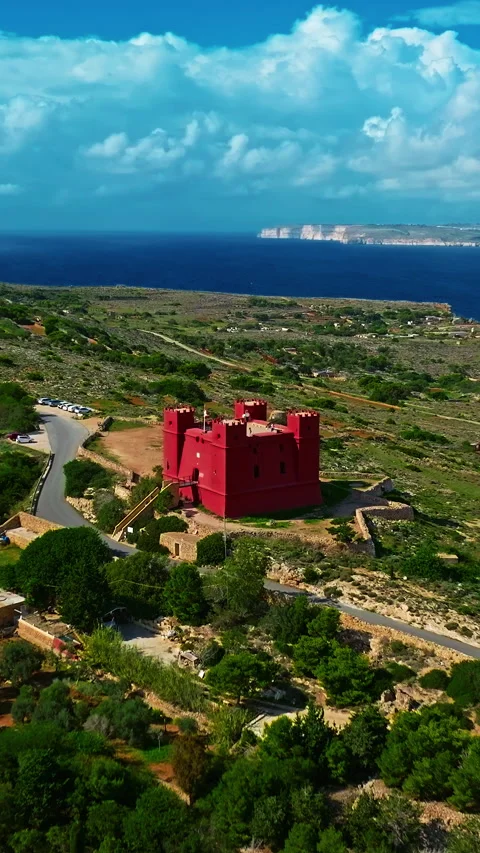 Aerial view of Saint Agatha's Tower, Red Tower in Malta 库存影片 343325618