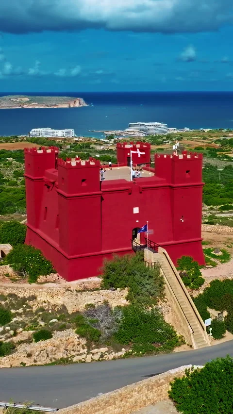 Aerial view of Saint Agatha's Tower, Red Tower in Malta 库存影片 343331683