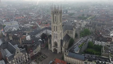 Aerial View Of Saint Bavo Cathedral Gothic Tower In Ghent Belgium Stock Footage 343587085