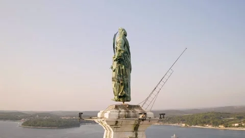 Aerial view of Saint Euphemia statue at Rovinj old town church, Croatia. Stock Footage 149009493
