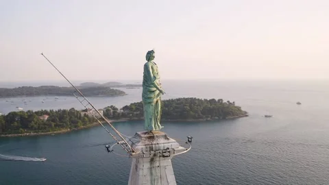 Aerial view of Saint Euphemia statue at Rovinj old town church, Croatia. Stock Footage 149009523