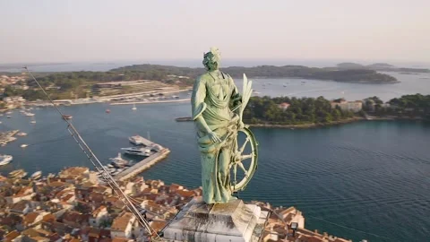Aerial view of Saint Euphemia statue at Rovinj old town church, Croatia. Stock Footage 149009546