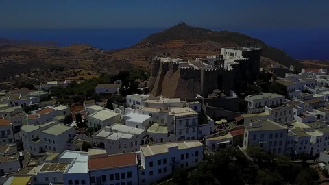 Aerial view of Saint John Monastery and old town on Patmos island Greece Stock Footage 114389929