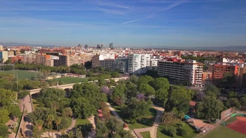 Aerial view of Saint Joseph Bridge and Turia Gardens park in Valencia Spain Stock Footage 335786852