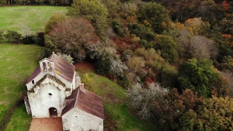 Aerial view of Saint-Mayeul chapel in Troncais forest, Allier, France Stock Footage 341769355